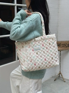 Quilted cotton tote bag with cartoon animal prints and large capacity for daily use