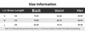 Tableau guide des tailles détaillé pour robe longue élégante bustier avec mesures précises