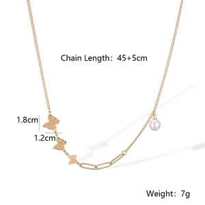 Detail view of gold butterfly necklace with pearl charms and chain length measurements