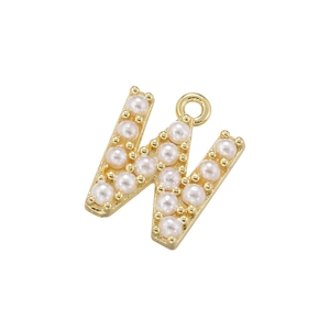 Detailed view of 18K gold plated letter W pendant with elegant white synthetic pearls