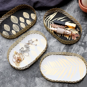 Nordic Luxury Metal Decorative Tray Golden Leaf Pattern Jewelry Storage Organizer For Dresser Desktop Vanity
