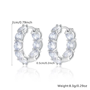 Detailed size view of silver earrings with zircons showing 2cm height and 0.5cm width