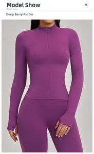 Detail of deep berry purple yoga jacket with thumbholes and matching leggings set