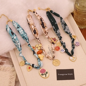 Vintage Rose Heart Charm Necklace And Bracelet Stainless Steel Chain Polyester Satin Scarf Wrapped Bohemian Jewelry For Women