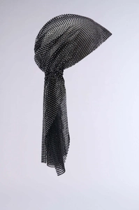Close-up of black mesh bandana with sparkling rhinestones for music festivals