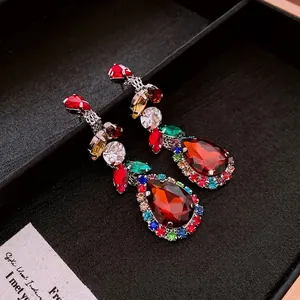 Vintage bohemian drop earrings with large teardrop garnet stone and colorful zircon accents