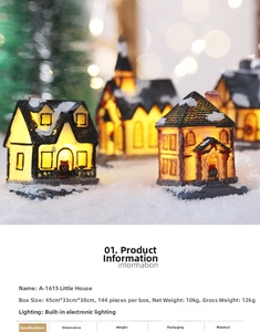 Detail of illuminated LED resin Christmas snow house with warm lights and festive decor