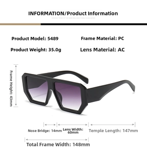 Detailed size chart for square sunglasses showing frame dimensions and weight specs