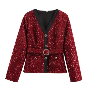Giacca In Tweed Con Paillettes Da Donna Scollo A V Elegante Finiture A Contrasto Cintura Capispalla Festa Autunno Inverno Rosso Vino