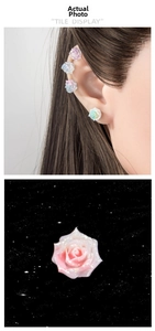 Macro detail of gradient resin rose stud earrings with sparkling finish and texture