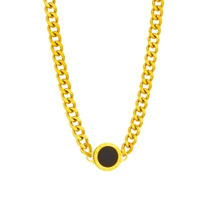 Gold-tone chunky Cuban chain necklace with a black round Roman numeral coin pendant