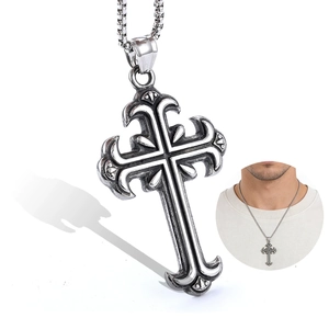 Vintage Gothic Cross Pendant Necklace Stainless Steel Engraved Retro Religious Jewelry For Men Women Polished Metal