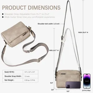Size chart showing dimensions of the small leather crossbody bag with wide guitar strap