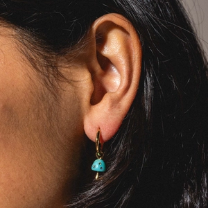 Cute mushroom pendant necklace in 18k gold plated copper with blue enamel details