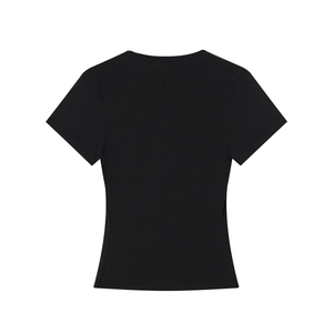 Back view of a black soft knit slim-fit t-shirt with a premium hourglass waist design