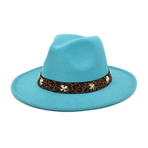 Blue wool fedora hat featuring a leopard print band with gold metal cross ornaments
