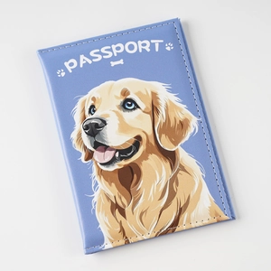 Light blue faux leather passport cover featuring a cute golden retriever dog print