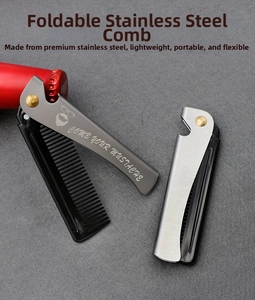 Detailed view of folding stainless steel hair comb with integrated bottle opener design