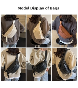 Detailed views of woven PU leather chest bags in cream, brown, and black colors