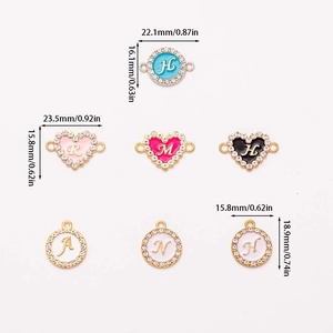 Colorful enamel letter charms with rhinestones in round and heart shapes for DIY bracelets