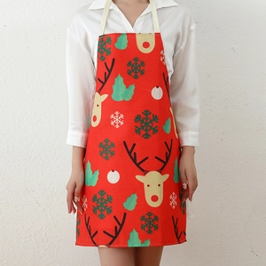 Christmas reindeer linen apron for holiday parties with red pattern and neck strap
