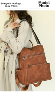 Detail of vintage brown backpack with woven straps on a model wearing a beige coat