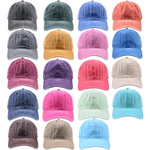 Detailed grid display of washed cotton baseball caps in multiple vintage colors