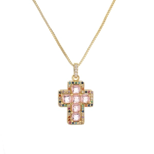 Cross necklace with pink square zircon pendant and multicolored stones on a gold chain