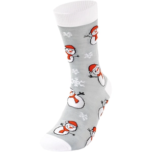 Close-up of grey Christmas sock featuring white snowman and snowflake patterns