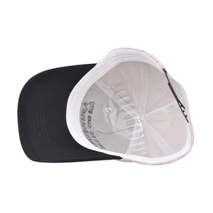 Detail view of cotton baseball cap interior featuring reinforced lining and adjustable strap