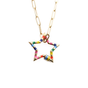 Rainbow Enamel Star Pendant Necklace Gold Copper Paperclip Link Chain Hip Hop Jewelry For Women Girls