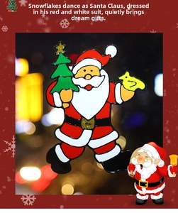 Detail of Santa Claus vinyl window sticker with Christmas tree on a festive blurred background