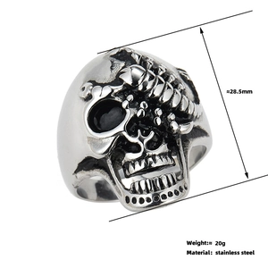 Detailed macro view showing the stainless steel skull ring height and vintage scorpion texture