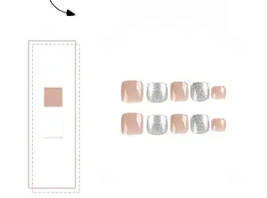 Macro view of nude pink and silver glitter square press-on toenails on white background
