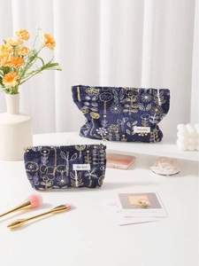 Floral embroidery navy linen makeup bag set including two sizes with flower patterns