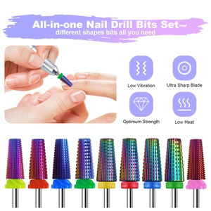 Professional nine-piece rainbow alloy nail drill bits set for manicure and cuticle removal