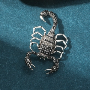 Macro detail of scorpion brooch featuring black rhinestones on a silver metal base