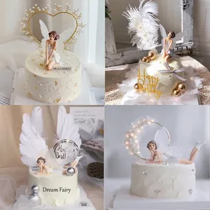 Fairy Figurine Cake Toppers Birthday Party Decorations Feather Wings Star Moon Artificial Pearl Heart Bakeware Accessories