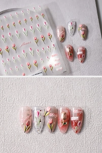 Detailansicht der 5D-geprägten Tulpen-Nagelaufkleber mit 3D-Blumen- und Blattextur