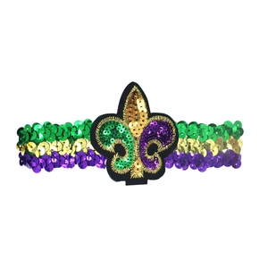 Sparkling sequin Mardi Gras headband with fleur-de-lis in green gold and purple