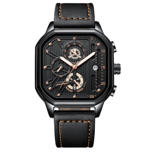 Poedagar men's waterproof quartz watch with black square case and orange stitch leather strap