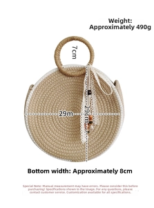Detailed dimensions of beige straw circle bag with lace ribbon and wooden bead accents