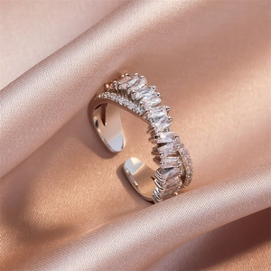 Vintage Copper Double Layer Cross Open Ring For Women Luxury Full Zirconia Inlaid Adjustable Banquet Party Fashion Jewelry