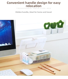 Transparent desktop storage box with hidden handle and items on a light wooden desk