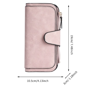 Pink matte multi-slot long wallet with dimensions 19cm x 10.5cm x 3cm shown on white background