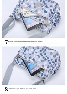 Detail view of nylon crossbody bag with multi-layer zipper pockets and anti-theft back pocket
