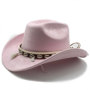Pink suede western cowboy hat with white fringe, shells, and woven ethnic band accents