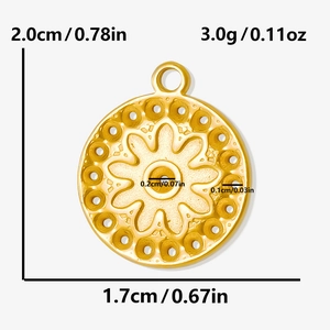 Detailed dimensions of round gold stainless steel hollow floral pendant with measurements
