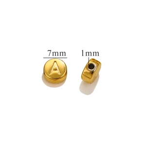Golden stainless steel A-letter bead accessory showing front and side 7mm hole view