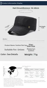 Detailed size chart for men's flat cap showing head circumference measurements and guide